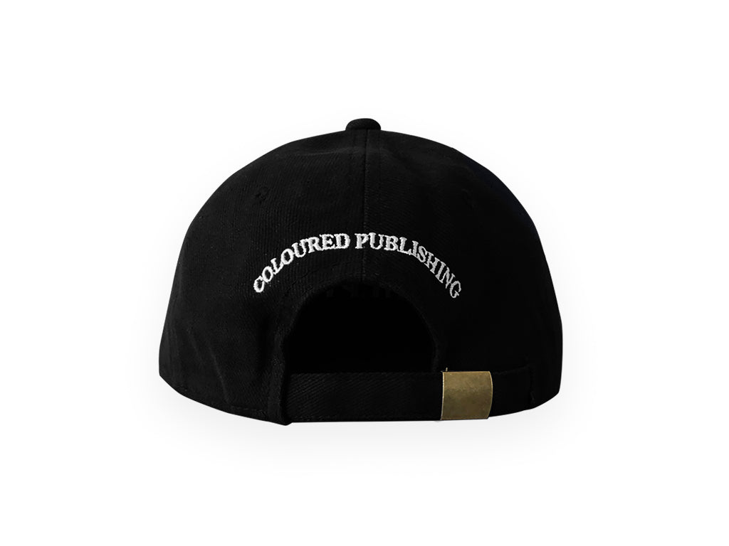 Image of black hat with COLOURED PUBLISHING embroidered in white on back