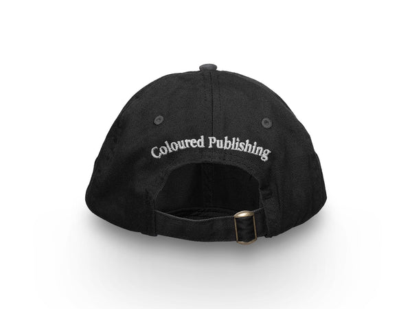 Image of back of black hat with "Coloured Publishing" embroidered in white