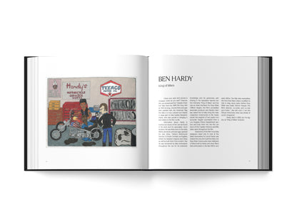 Image of an open book, with an illustration on the left page and text on the right page, on a white background.