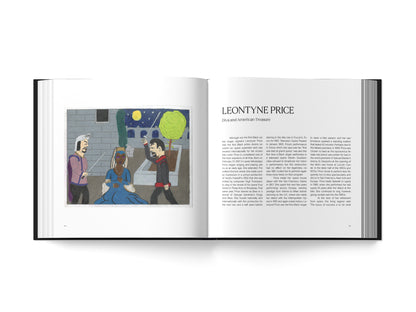 Image of an open book, with an illustration on the left page and text on the right page, on a white background.