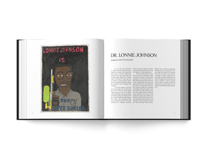 Image of an open book, with an illustration on the left page and text on the right page, on a white background.