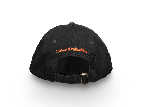 Image of back of black hat with "Coloured Publishing" embroidered in orange