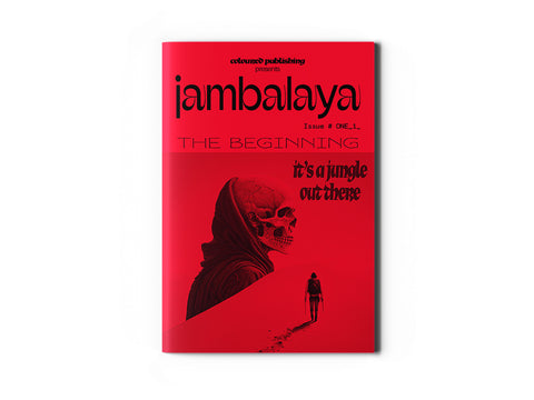 Image of a closed zine; black text that says "jambalaya" on red