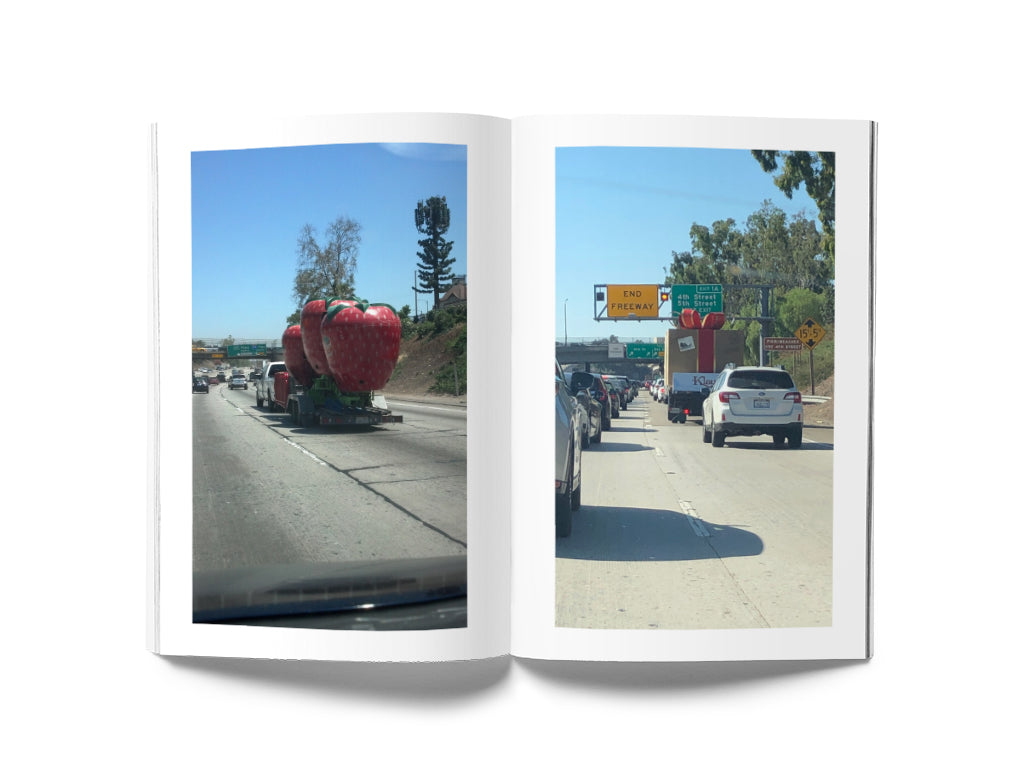 Image of a book open to a spread. On the left page is a photograph of a freeway and on the right page is a photograph of a freeway.