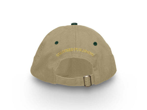 Image of the back of a khaki hat with "Coloured Publishing" embroidered in yellow