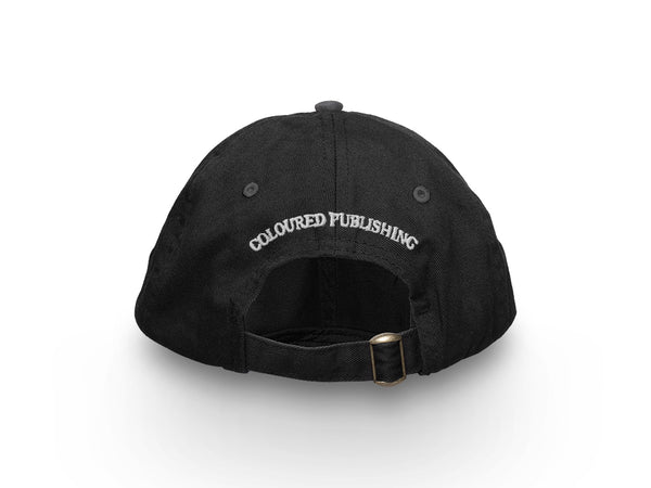 Image of the back of a black baseball cap with "Coloured Publishing" embroidered in white thread.