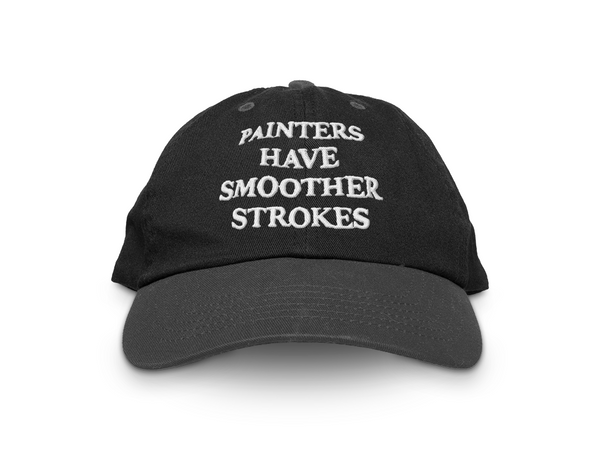 Image of the front of a black baseball cap with "Painters Have Smoother Strokes" embroidered in white thread.