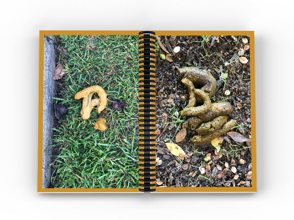 Image of an open book with coil binding down the center. Left page is an image of a capital-A-shaped dog excrement on grass. Right page is dog excrement shaped like the letter "B" on dirt.