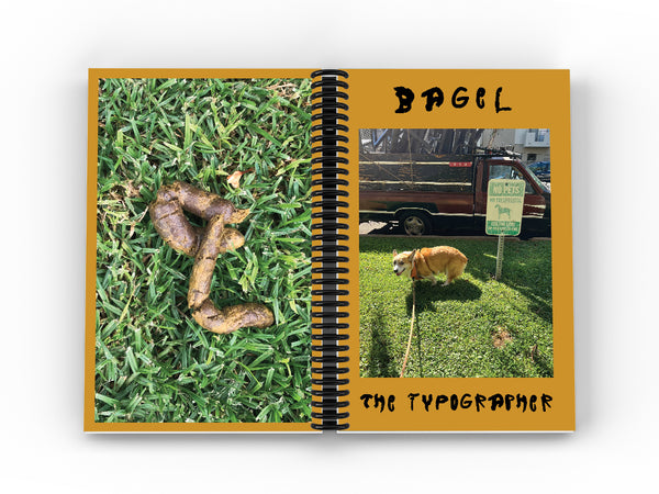 Image of an open book with coil binding down the center. Left page is an image of a Z-shaped dog excrement on grass. Right page is a photo of a dog pooping.
