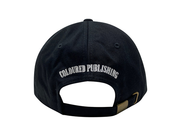 An image of the back of a black hat with "COLOURED PUBLISHING" embroidered in white.