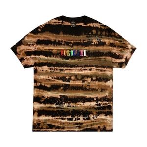 An image of a black t-shirt with brown stripes and "COLOURED" embroidered in rainbow colors.