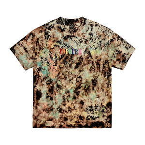An image of a black t-shirt with green and beige splatters and "COLOURED" embroidered in rainbow colors.