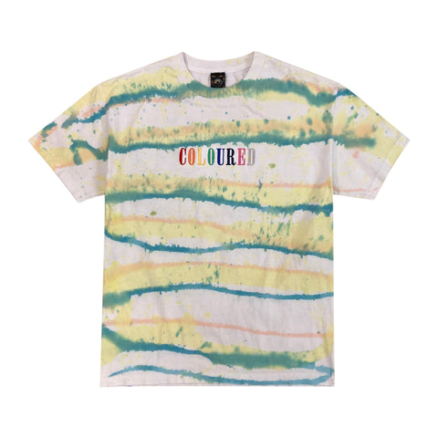 An image of a white t-shirt with colorful stripes and "COLOURED" embroidered in rainbow colors.
