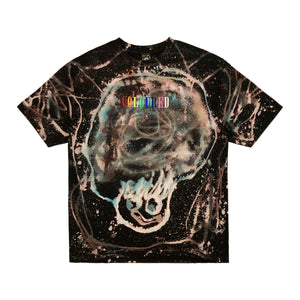 An image of a black t-shirt with bleached and dyed face with afro and "COLOURED" embroidered in rainbow colors.