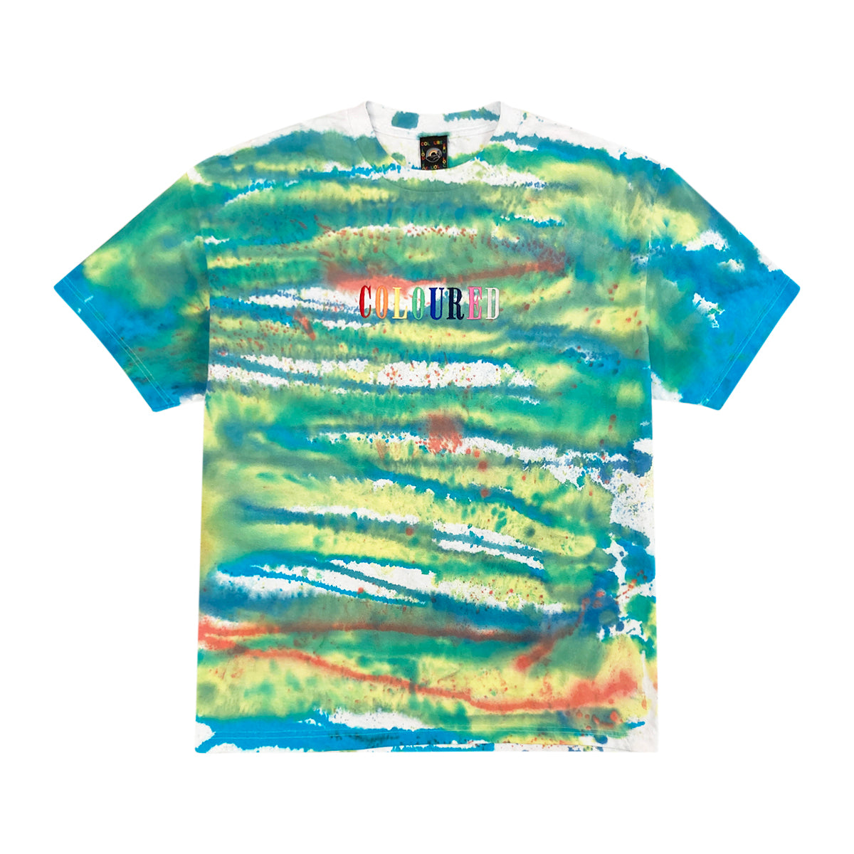 An image of a white t-shirt with dyed colorful stripes and "COLOURED" embroidered in rainbow colors.