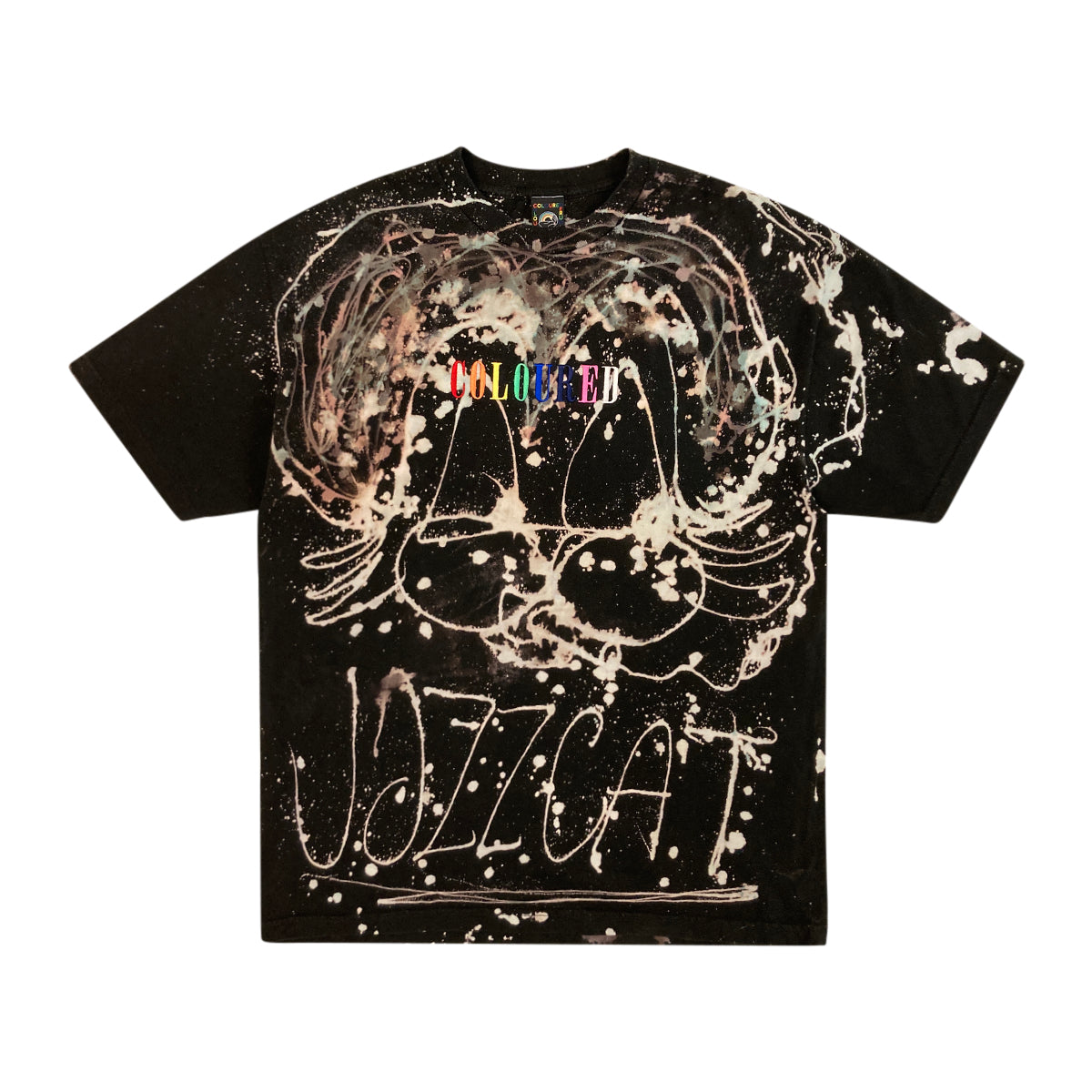 An image of a black t-shirt with bleached and dyed cat and "JAZZCAT" written below, and "COLOURED" embroidered in rainbow colors.