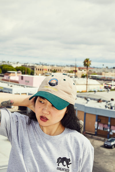 Image of model wearing khaki/green embroidered hat.