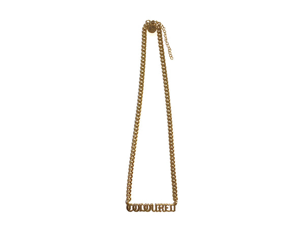 Image of gold "Coloured" nameplate necklace with 16-inch long chain on white background.