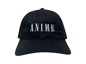 An image of the front of a black hat with "ANIME" embroidered in white.