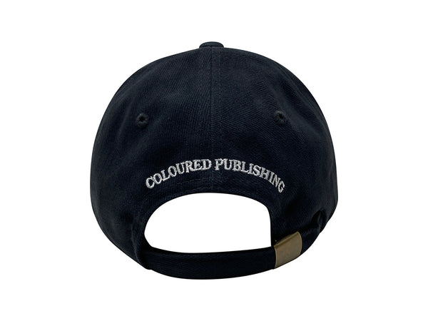 An image of the back of a black hat with "COLOURED PUBLISHING" embroidered in white.