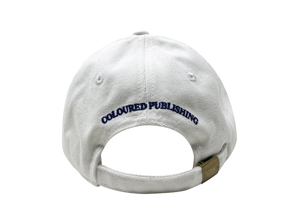 An image of the back of a white hat with "COLOURED PUBLISHING" embroidered in navy.