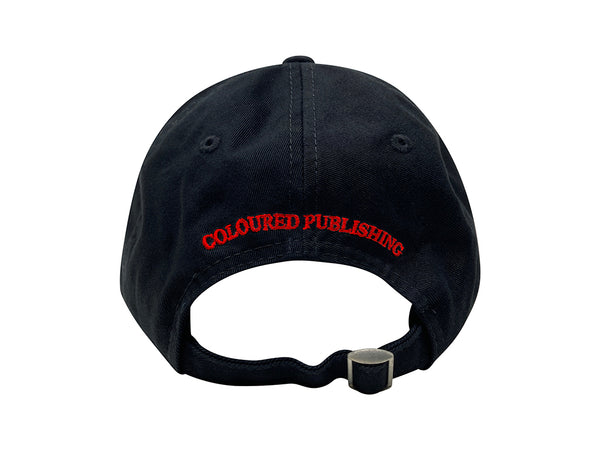 Image of the back of a black baseball cap with "Coloured Publishing" embroidered in red thread.