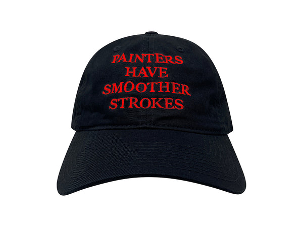 Image of the front of a black baseball cap with "Painters Have Smoother Strokes" embroidered in red thread.