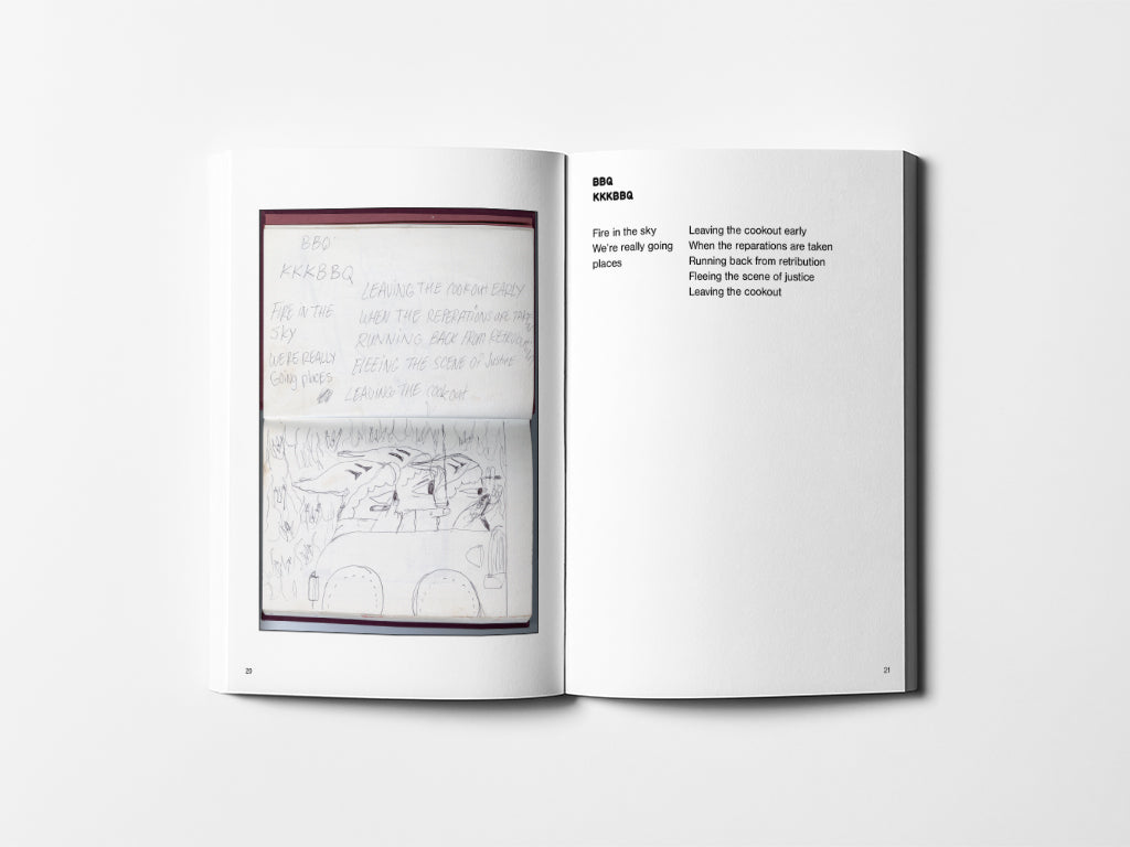 Image of an open book. On the left page is a scan of an open book with writing and a drawing below. On the right page is a poem.