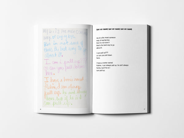 Image of an open book. On the left page is colorful writing and on the right page is a poem.