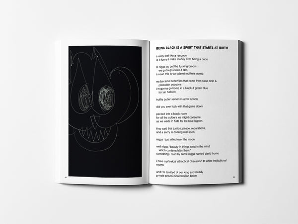 Image of an open book. On the left page is a black and white drawing of a cat. On the right page is a poem.