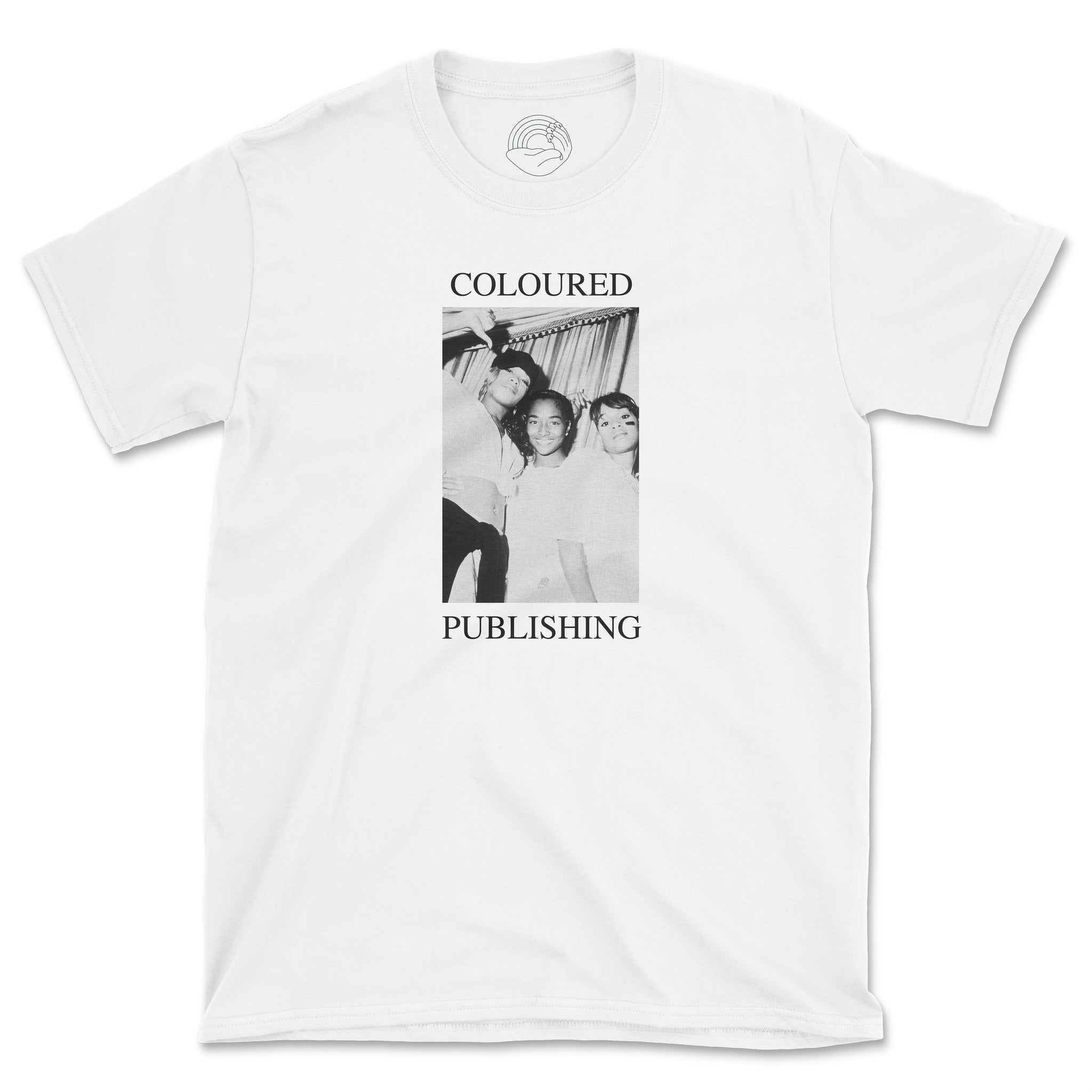 Photo of a t-shirt with an image of TLC and text "Coloured Publishing"