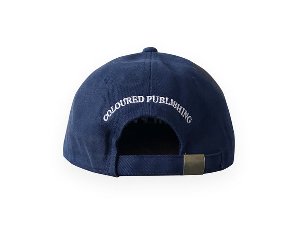 Image of navy hat with COLOURED PUBLISHING embroidered in white on back