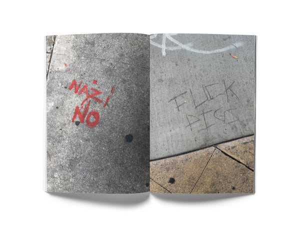 Image of an interior spread of the book "Street Snacks." Two full-bleed images of sidewalk graffiti face each other.