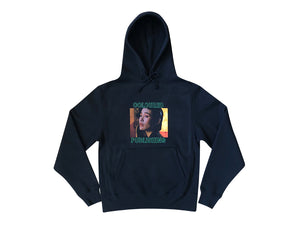 Image of black hoodie with COLOURED PUBLISHING embroidered in green and image of woman printed on front.