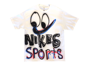 Photo of an airbrushed t-shirt with a smiley face and the words "Nikes Sports" by artist Devin Troy Strother.